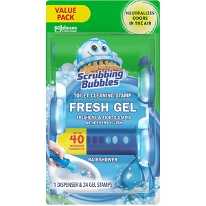 image:imageScrubbing Bubbles Fresh Gel Toilet Bowl Cleaning Stamps Helps Keep Toilet Clean and Helps Prevent Limescale amp Rings Rainshower Scent 1 Dispenser with 24 Fresh Gel Stamps24 Count Pack of 1